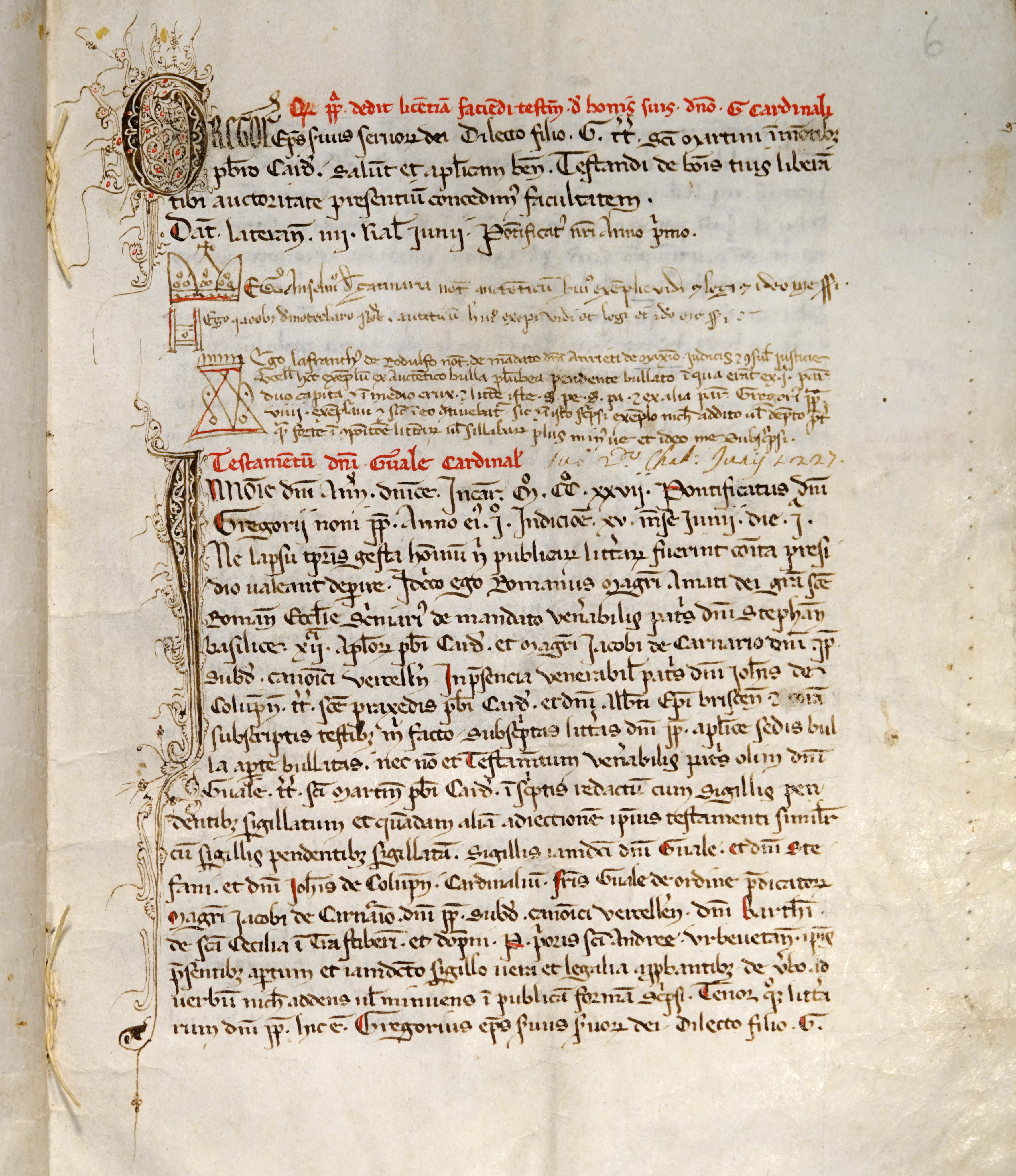 1227 maggio 29 e 31, Roma; 1227 giugno 1
Testamento del cardinale Guala Bicchieri - Copia autenticata dal notaio Lafrancus de Rodulfo - Pergamena in cartulario di 20 fogli - Sec. XIII
Ospedale di Sant’Andrea di Vercelli, m. 1881, ff. 6r-8v.